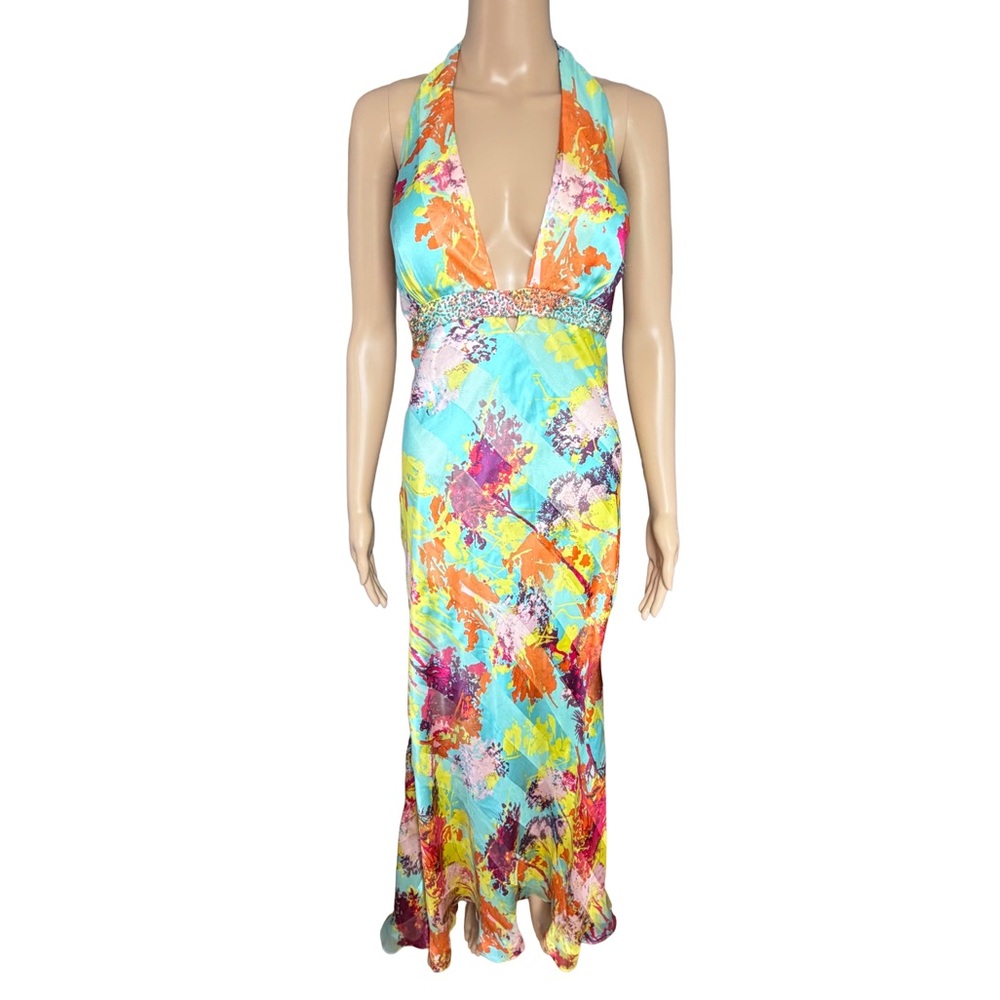 vintage silk beaded halter maxi gown prom dress deep v plunging neckline y2k